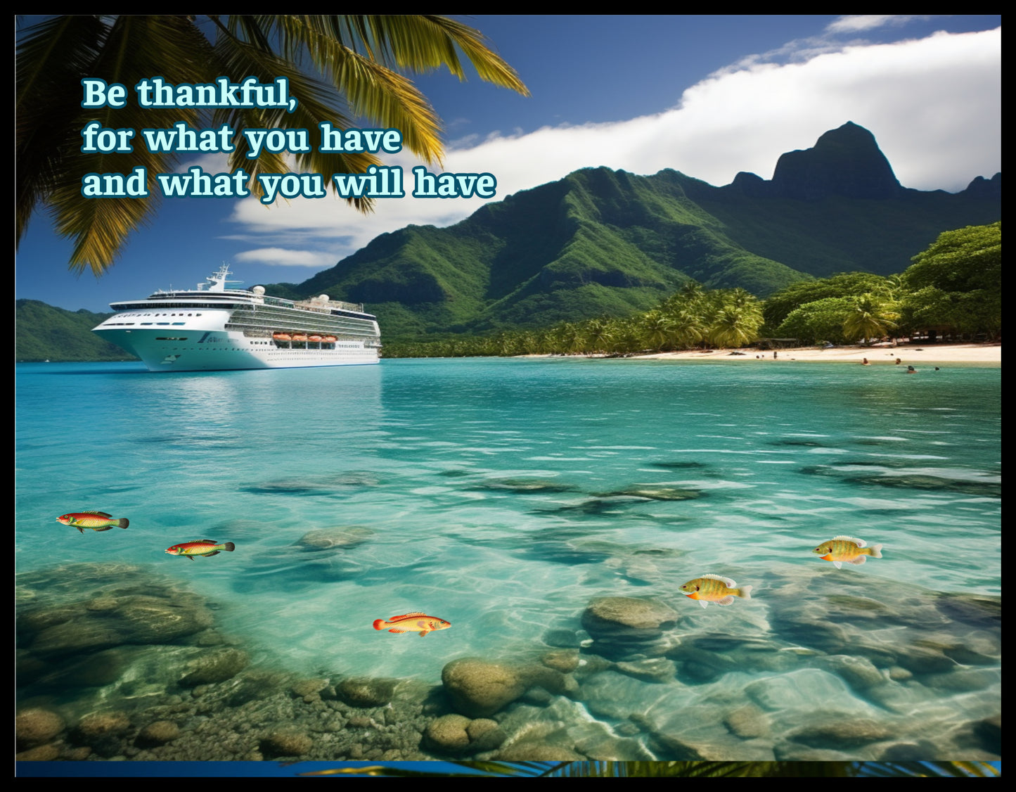 Be Thankful Digital Print of Cruise Ship Approaching Island Beach