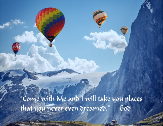 Come With ME Inspirational Art Printable Hot Air Balloons Floating Around Mountains