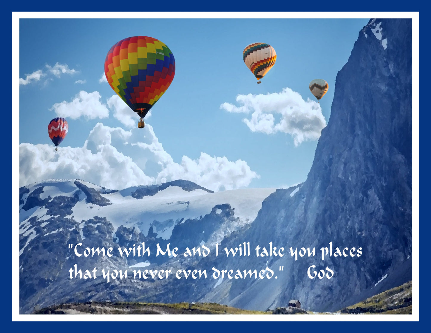 Come With ME Inspirational Art Printable Hot Air Balloons Floating Around Mountains
